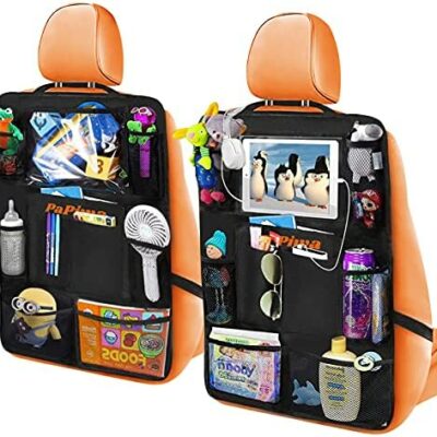 Lot de 2 organiseurs de voiture pour enfants, protection de siège de voiture pour enfant avec 20 poches, casier de voiture avec poches transparentes pour tablette iPad 10,5", organiseur de voiture pour bouteilles de jouets