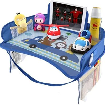 Plateau de voyage pour enfants Siège de travail actif et plateau de rangement Organisateur pour enfants et tout-petits Bureau avec support de téléphone pliable étanche (Bleu)