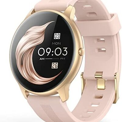 AGPTEK Montre intelligente pour femme, montre intelligente Bluetooth 5.0, suivi d'activité avec podomètre de fréquence cardiaque, contrôle de la musique du sommeil, étanche IP68, bracelet intelligent pour iOS/Android - Or rose