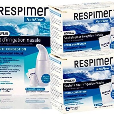 Kit Rinçage Nasal RESPIMER NETIFLOW + 2 Recharges de 30 Sachets pour Rinçage Nasal