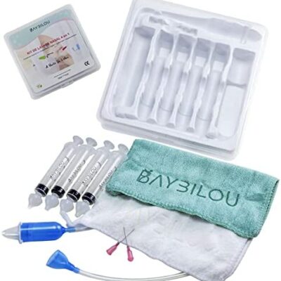 Set complet de mouches bébé BAYBILOU, seringue nasale, set de 4 seringues 10ml sans BPA avec embouts silicone, 2 serviettes douces, 1 mouche-bébé manuel, 2 aiguilles et une boite de rangement