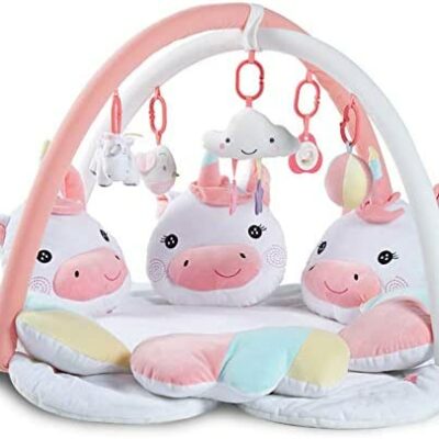 AIBAB Bébé Musique Jouer Couverture Licorne Bébé Gym Portable Ramper Tapis pour Nouveau-Né Respirant Maille 3D Détachable Jouet Éducatif Rose