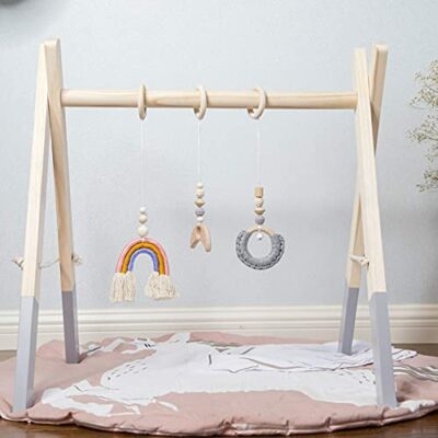 HB.YE Centre d'activités de fitness pour bébé en bois avec 3 dents suspendues (arc-en-ciel)