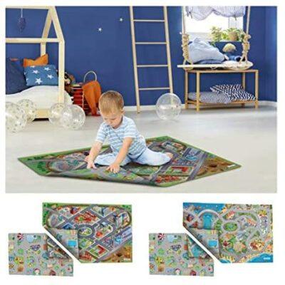 ACHOKA Tapis de Jeu Réversible Ville & Route Slim pour Bébé & Enfants - Filles & Garçons - Polyester Résistant à la Corrosion - 100x150cm - Peut être connecté à la route avec d'autres motifs