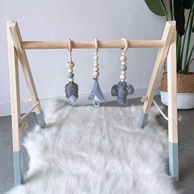 HB.YE Arche de Jeu en Bois pour Bébé Puzzle Trapèze de Gymnastique avec Pendentif Jouets d'Activité de Gymnastique pour Bébé Décoration de Chambre de Bébé (Gris, B)