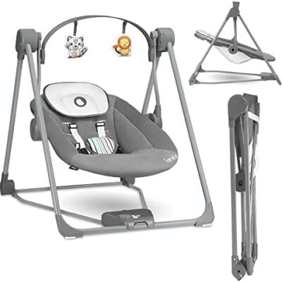 LIONELO Otto Balançoire avec Jouet Interactif, 5 Vitesses, Sons Naturels de la Naissance à 9 kg, Pliable (Gris Foncé)