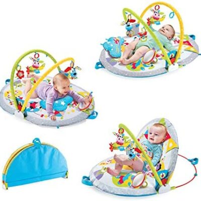 YOOKIDOO - Tapis d'Eveil Bébé - 3 en 1 Extensible - 20 Activités d'éveil - Musique, Arche, 2 Hochets et Miroir - Pliable - Cadeau Bébé 0-12 Mois