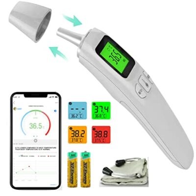 Thermomètre frontal et auriculaire infrarouge pour bébés, enfants et adultes. Thermomètre médical professionnel Bluetooth avec APP. Affichage numérique LCD.Indicateur de chauffage à trois couleurs