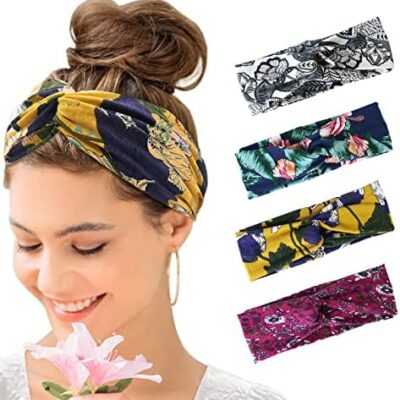 Kavya 4 pièces Bandeau Femme Boho Floal Style Croix Croix Bandeau Fleur Chapeaux Yoga Bandeau Stretch Femmes (A)