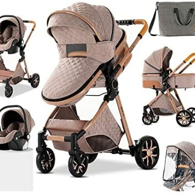 Poussette de ville 3 en 1 Poussette combinée Poussette Poussette Canne de marche Poussette Système de voyage pour bébé Poussette haute vue Poussette standard inclinable et pliante (225 Kaki)