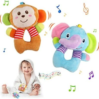 LEADSTAR Bébé Hochet Jouet, 2 Pièces Jouet Jeu Bébé Éveil Sensoriel Animal Doux En Peluche Bébé Cadeaux Naissance Garçons Filles 3, 6, 9, 12 Mois