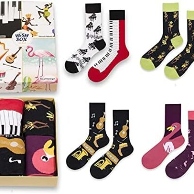 Wishsox, chaussettes motifs colorés, coton, cadeau, fun, fantaisie, chaussettes originales pour homme et femme, coffret cadeau de 4 paires de chaussettes