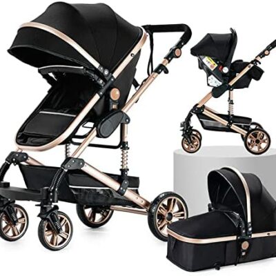 Poussette combinée 3 en 1 Poussette de ville Poussette Poussette Poussette Système de voyage pour bébé Poussette haute vue Poussette standard pliante couchée (or noir 739)