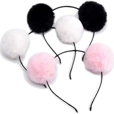 Lot de 3 bandeaux d'oreille de panda avec pompons en peluche pour fête, cosplay, fête, fête costumée