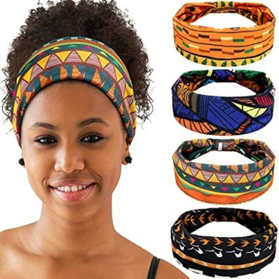 Lot de 4 Bandeaux Africains Stretch Larges Noué Yoga Bandeaux Bandeaux Africains Femmes et Filles Accessoires Cheveux (Collection Vintage)