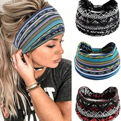 Yean Boho Lot de 3 grands bandeau bleu rayé respirant pour femme et fille