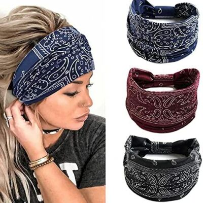 Yean Yoga Bandeau Bandeau Élastique Bandeau Boho Bandeau Floral Accessoires pour Cheveux Dames et Filles (Pack de 3) (C)