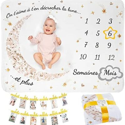 Baby Step Blanket Français | Photo haute résolution | CLIPARTO comprenant une guirlande de photos du 1er anniversaire | Couverture de lune pour bébé garçon ou fille, unisexe | SHOPBOP Lune, étoiles | Shower de bébé personnalisée pour les jeunes mamans | Drapeaux étoiles