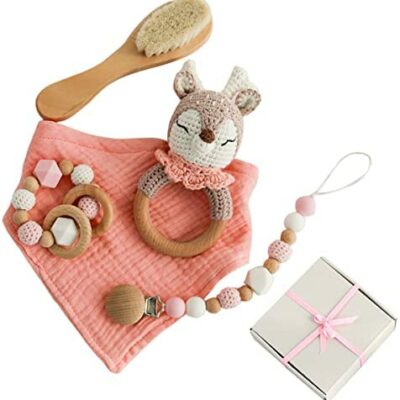 Cadeaux nouveau-nés Baby Shower Ensemble bébé Ensemble nouveau-né fille/garçon En bois Silicone Coton bio Écologique Hochet Bavoir Dents Attache-sucette Brosse Jouets faits à la main 5 pièces