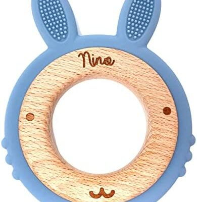 Ernestine - Anneau de dentition bébé personnalisé avec prénom, nom ou texte en bois et silicone - Jouets d'apprentissage Montessori - Cadeaux de naissance filles et garçons - Jouets gomme bébé