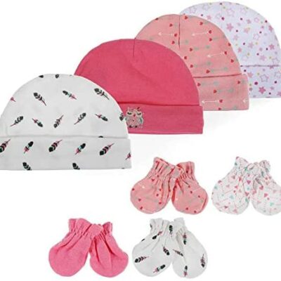 Lictin Chapeaux et gants de protection pour nouveau-né - 4 chapeaux assortis et 4 paires de gants de protection anti-rayures en velcro pour bébés filles et garçons (0-6 mois)