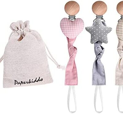 PAPERKIDDO Attache-tétine 3 pièces Porte-tétine en bois - Attache-tétine bébé personnalisé pour garçons et filles - Super doux - Peluche - Cadeau de naissance personnalisé (Amour + Lune + Étoiles)