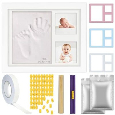 Tikiboe - Kit d'empreintes de pieds de bébé - Ensemble de cadres photo pour bébé - Cadeau nouveau-né - Cadre pour empreintes de pieds et de mains de bébé - Comprend un livret, de l'argile, un rouleau de ruban adhésif et un rouleau d'argile