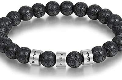 Bracelet élastique en perles de pierre volcanique naturelle personnalisé 2 ~ 5 noms Bracelet en perles pour hommes et femmes 8 mm Perles naturelles Bracelet élastique Cadeaux pour maman et papa