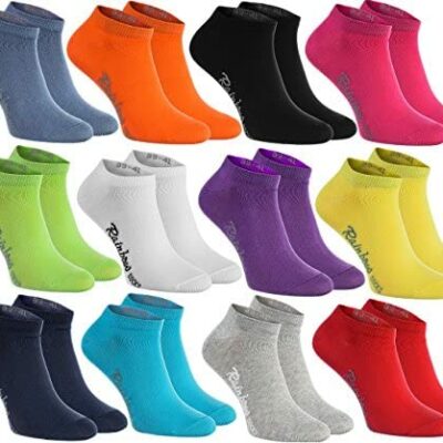 Rainbow Socks - Chaussettes courtes en coton pour hommes et femmes - 12 paires - Noir Blanc Gris Violet Bleu Jeans Bleu Orange Rouge Jaune Vert Fuchsia - Taille UE