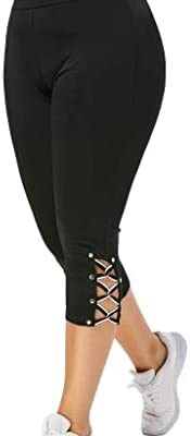 ORANDESIGNE Pantalon Capri Femme Été Maigre Dentelle Stretch Pantalon Taille Haute 3/4 Long Capri Leggings Court Leggings Doux Leggings Découpe Pantalon Décontracté