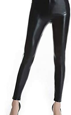 Furein - Legging Stretch Femme, Confortable, Finition Métallique Brillante, Faux Cuir, Avec Ceinture Stretch