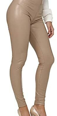 Glamexx24 Legging taille haute pour femme - Faux cuir, taille large beige, M Slim Fit