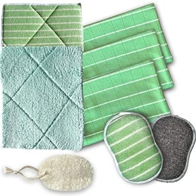 Kit de 8 Chiffons en Microfibre de Bambou, 3 Éponges Offertes !Pour nettoyer et polir les fenêtres, les comptoirs, les plaques de cuisson à induction, les lave-vaisselle, les voitures, les verres | Ensemble de chiffons éponge lavables + Loofah