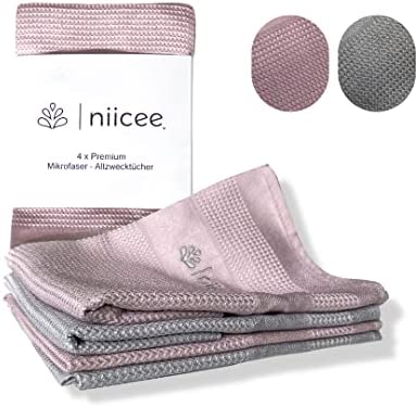 niicee® Lot de 4 Chiffons Microfibres - Chiffons de Nettoyage - Lingettes Multi-Usages - A la Maison ou en Déplacement - Lot de 2 40x60cm + 2x40x40cm Super Absorbant