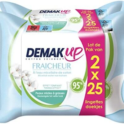 Demak'Up Lingettes Démaquillantes Fraîcheur - Visage & Yeux - Pour Peaux Grasses - 3x25 Lingettes Nettoyantes