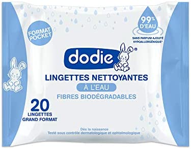 Dodie - Lingettes nettoyantes à l'eau en sachet, dès la naissance, x20