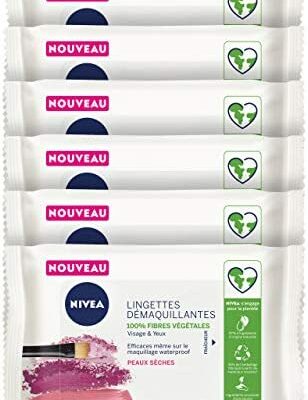 NIVEA Lingettes Nettoyantes Douces Peaux Sèches & Sensibles 100% Fibres Végétales (6 x 20 Pièces), Démaquillant Visage, Yeux & Lèvres, Lingettes Nettoyantes 3 en 1 - 120 Pièces