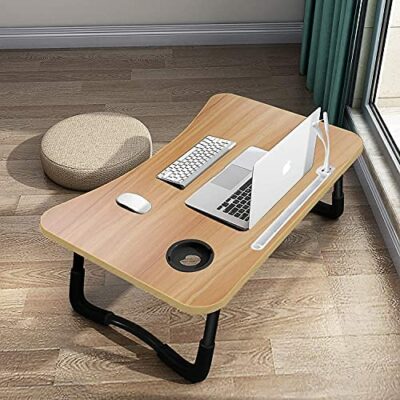 A3A ACADGQ Table de Chevet Pliable, Support pour Ordinateur Portable sur Lit avec 4 Ports USB/Tiroir/Fente pour Tasse/Coussin pour Lit, Canapé, Sol (60x40cm, Couleur Bois)