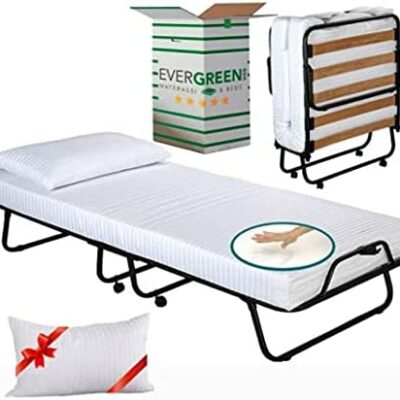 EvergreenWeb - lit simple 90x200 cm plié avec matelas en mousse à mémoire de forme avec oreiller à mémoire libre, sommier à lattes en bois et roues, orthopédique, gigogne, à l'usage des invités