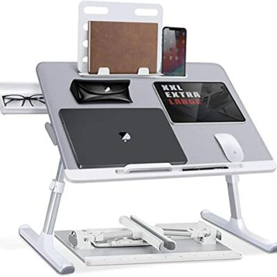 SAIJI Table de lit pliante réglable en cuir PVC pour ordinateur portable avec tiroir de rangement amovible en silicone, étagère, fente plate (gris)