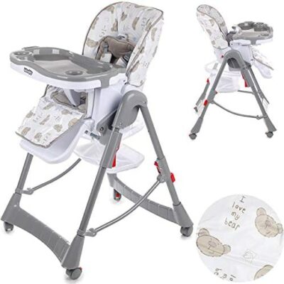 Chaise haute pour bébé Kindersafety, réglable et pliable - 6 hauteurs différentes, dossier enfant inclinable à 3 positions, tablette amovible, plateau à clips, coussin confort bébé, gris KP0014