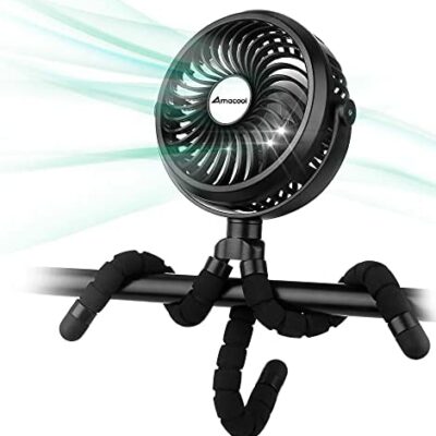 Ventilateur de poussette à piles avec trépied flexible à clipser - 3 vitesses - Ventilateur personnel rotatif pour sièges de voiture, berceaux, vélos, tapis de course - Noir