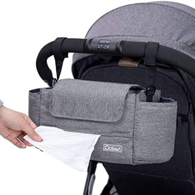 Orzbow Sac de rangement universel pour poussette avec 2 porte-gobelets isolés et bretelles, poussette grande capacité et organisateur de poussette, téléphone et sac d'accessoires pour bébé (gris)