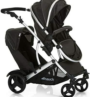 Poussette double Hauck Duett 2/ 2 enfants/ jusqu'à 36 kg/ lit bébé convertible en siège réversible/ réglable en hauteur/ housse de pluie incluse/ pliable/ noir forêt