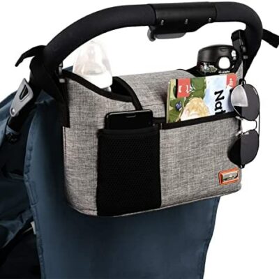 Sac de Rangement Poussette - Grande Capacité 11L - Pour Accessoires Bébé - Avec 2 Porte-Gobelets Profonds et Bretelles - Convient à Tous les Modèles de Poussette (Gris)