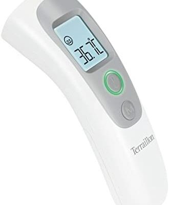 TERRAILLON Thermomètre Frontal Infrarouge Sans Contact - Adulte & Nourrisson - Température Corporelle/Objet/Liquide/Air Ambiant - Stockage des 9 Dernières Mesures - Blanc/Gris