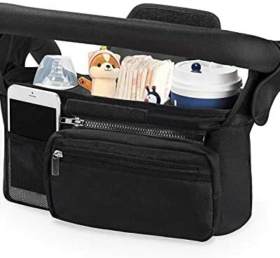 Rencantur Sac de Rangement Poussette, Organisateur de Sac Poussette Universel avec Bretelles, Porte-Boisson Isotherme et Poche Téléphone et Accessoires, Poche Zippée, Noir