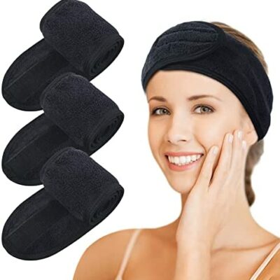 KinHwa Microfibre Spa Bandeau Dames Maquillage Cheveux Lavable Face Wrap Wrap Bandeau avec Bande Velcro pour Maquillage Bain, Maquillage et Sports Noir - Lot de 3