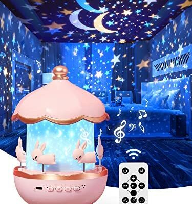 Un projecteur d'étoiles de veilleuse pour bébé feu, 8 veilleuses musicales, veilleuses pour enfants rotation à 360 ° + 6 thèmes + télécommande, veilleuses étoiles de projection pour cadeaux