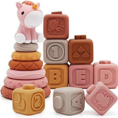 Gilowin 13 pièces rondes et blocs, jouets pour bébé empilés et imbriqués avec des figurines de chevaux, cadeaux de dentition à presser tôt pour bébés garçons de 6 mois...